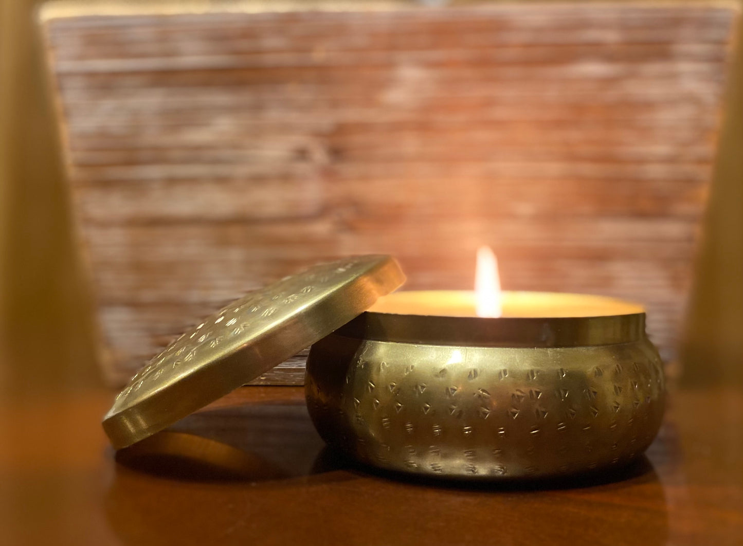 Round Antique Gold Hammered Metal Box with Lid