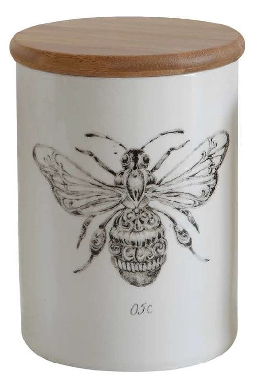 Beautiful Stoneware Canister with Bee and Bamboo Lid