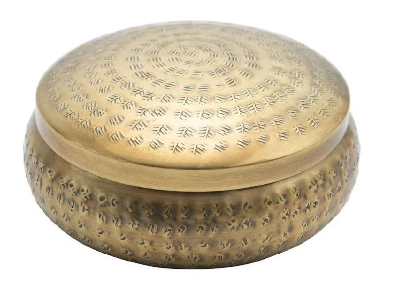 Round Antique Gold Hammered Metal Box with Lid